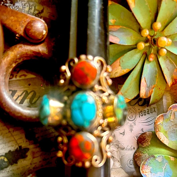 Sundance Vintage Turquoise Coral Scroll Statement Southwest Sterling Silver Ring - Picture 8 of 10